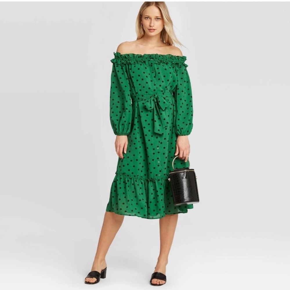 NWT Who What Wear Green Dot Ruffle Drop Waist Peasant Sundress Button Down Small